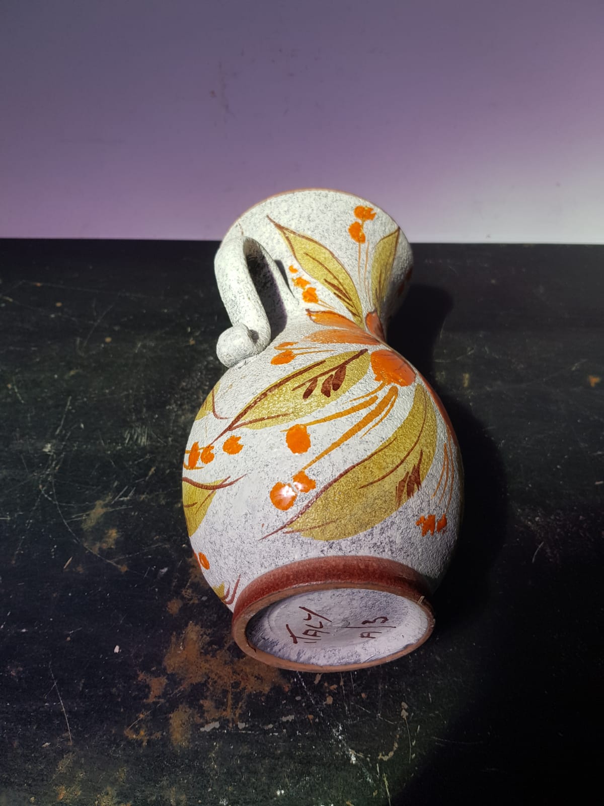 Old vase with enamelled ceramic coves décor flowers made in italy vintage