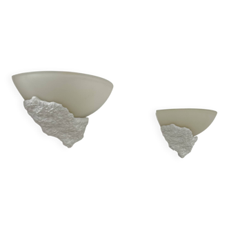 Pair of plaster and frosted glass wall lights, France, 1970.