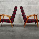 Pair of French beech armchairs from the 60s, tartan fabric