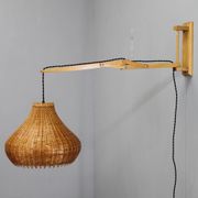Mid-century adjustable wooden wall lamp with rattan shade, Lipta, 1970s