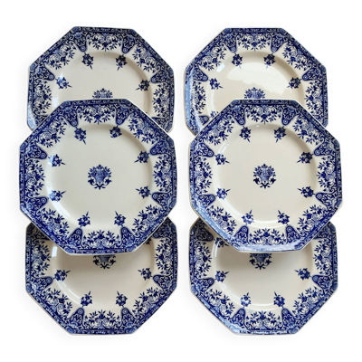 6 assiettes plates terre de fer Longchamp modèle Rouen XIXe siècle