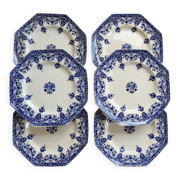 6 assiettes plates terre de fer Longchamp modèle Rouen XIXe siècle