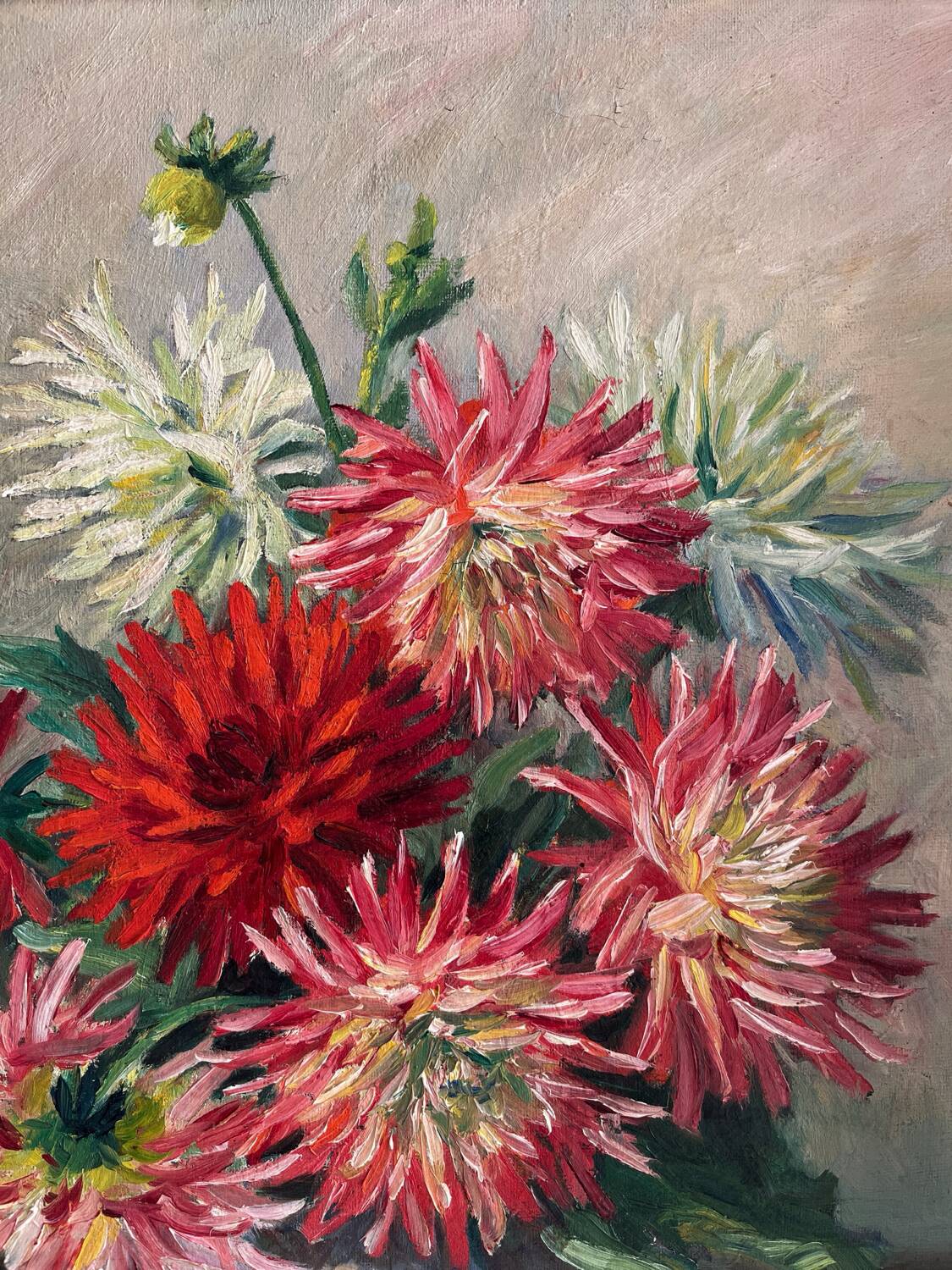 Peinture ancienne tableau huile sur toile fleurs dahlias 