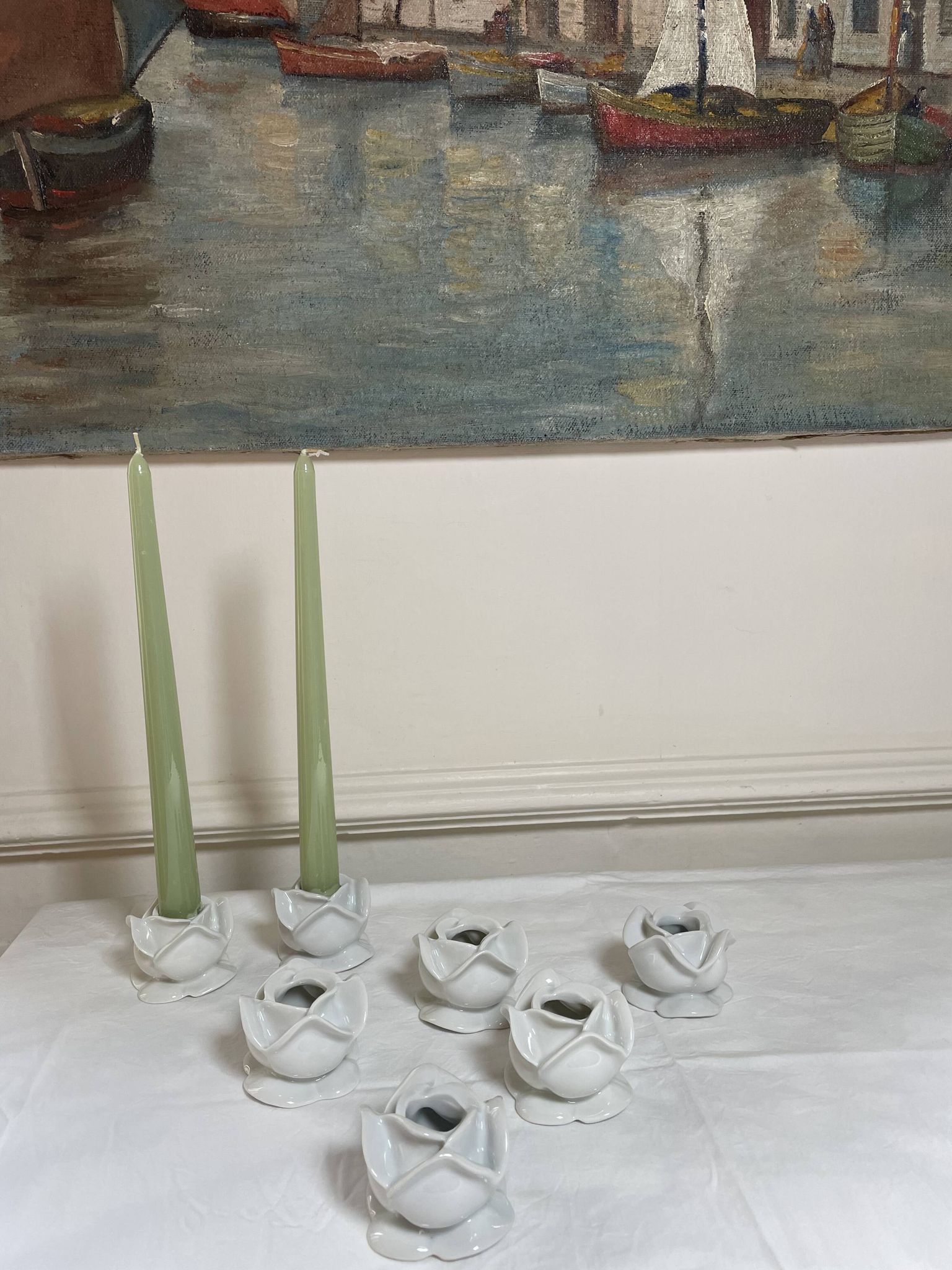 White porcelain rose shaped candle holders