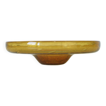 Large Vintage Amber Bubble Glass Bowl – Hand Blown Art Glass Centerpiece – Ikebana