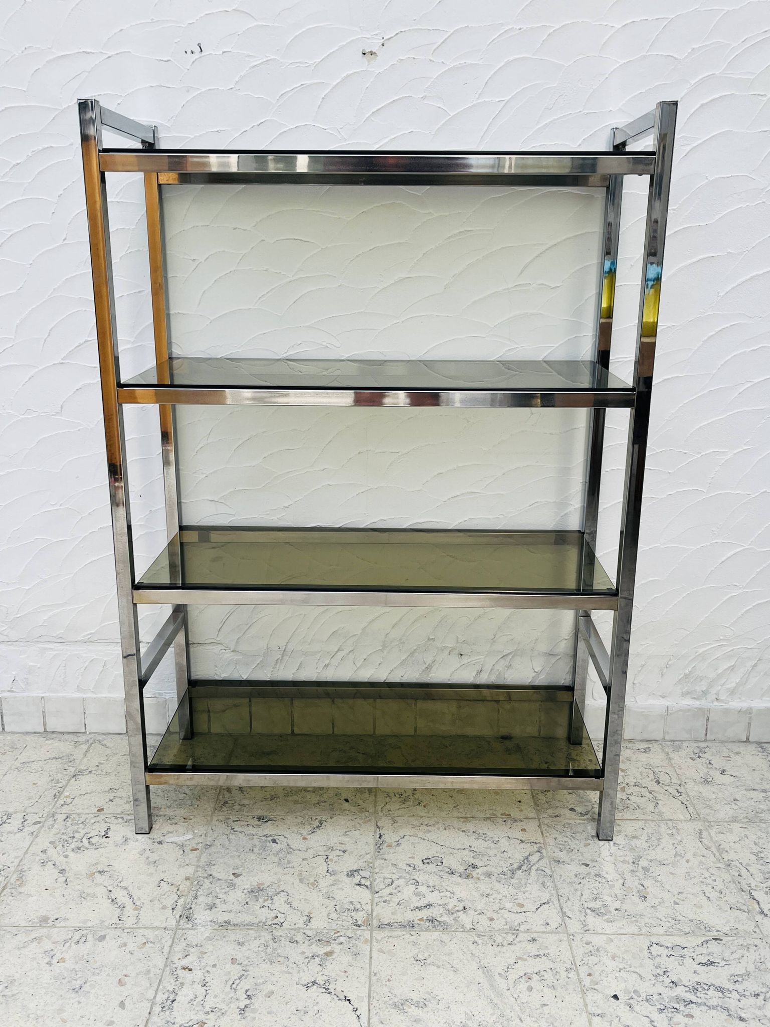 Chrome and smoked glass shelf in Italian 1970s style.