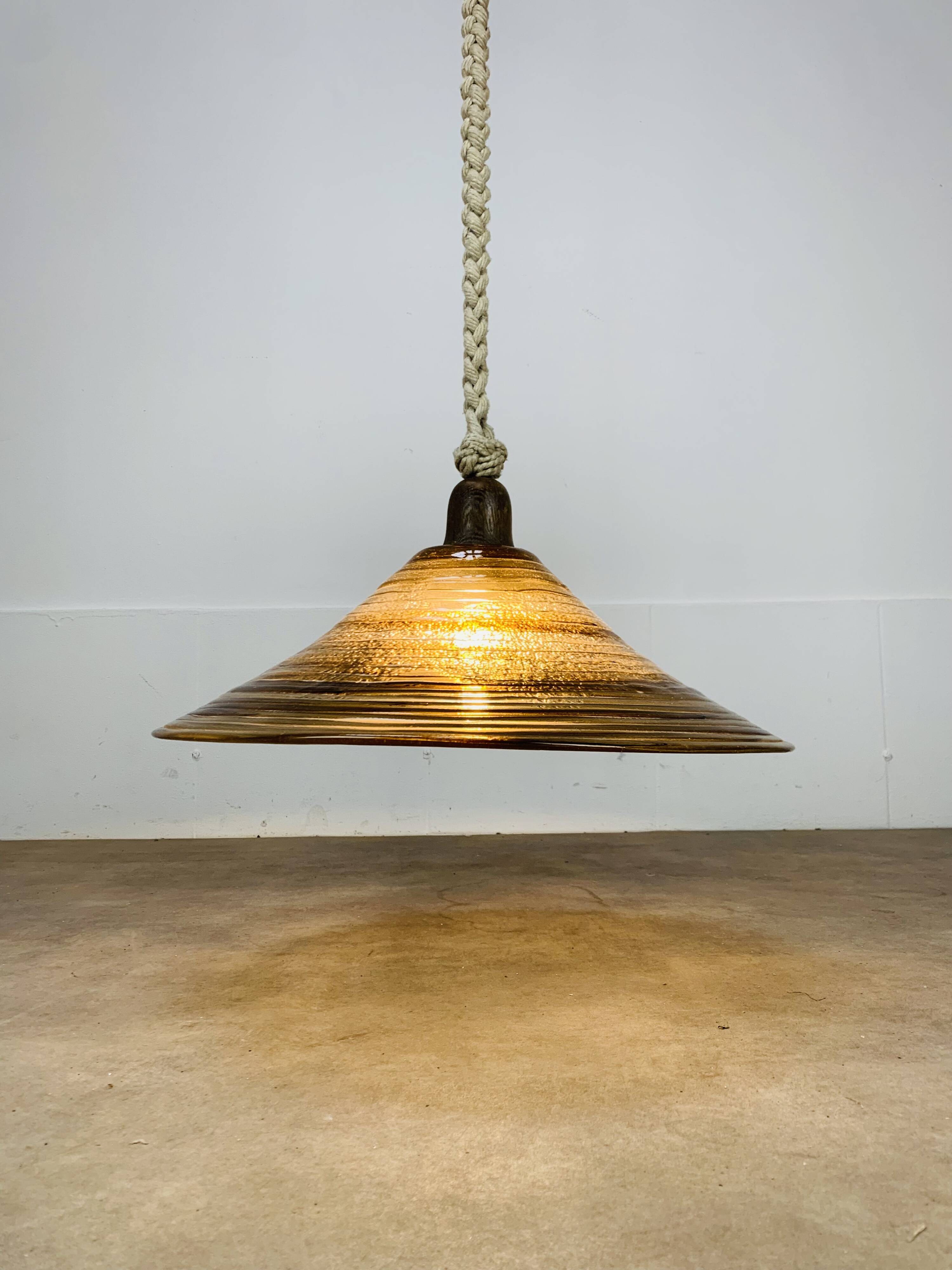 Temde Leuchten pendant light, plexiglass, rope and wood, 1970s