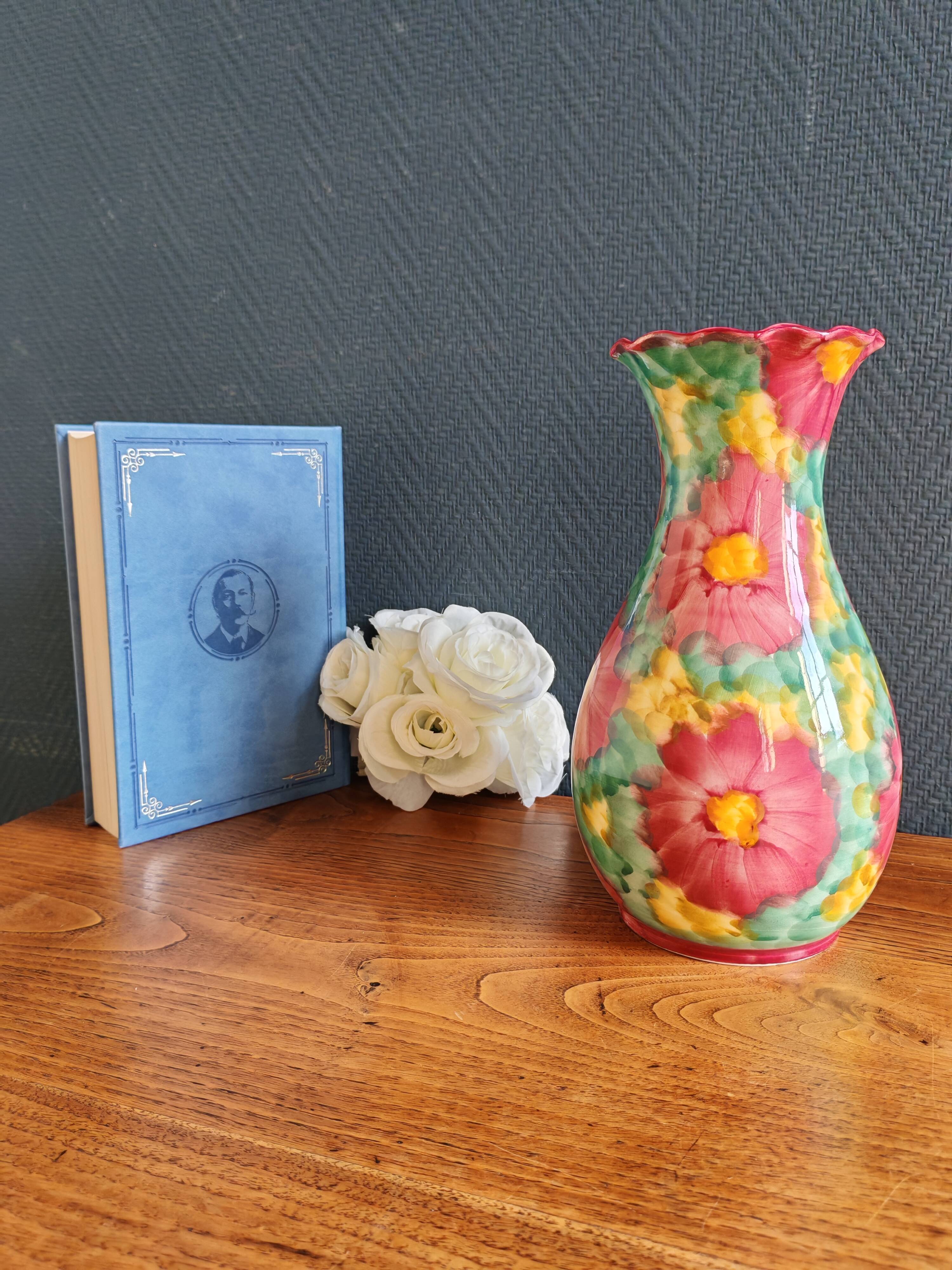 Vintage Floral Ceramic Vase - Large Barbotine Vase with Pink Flowers