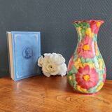 Vintage Floral Ceramic Vase - Large Barbotine Vase with Pink Flowers