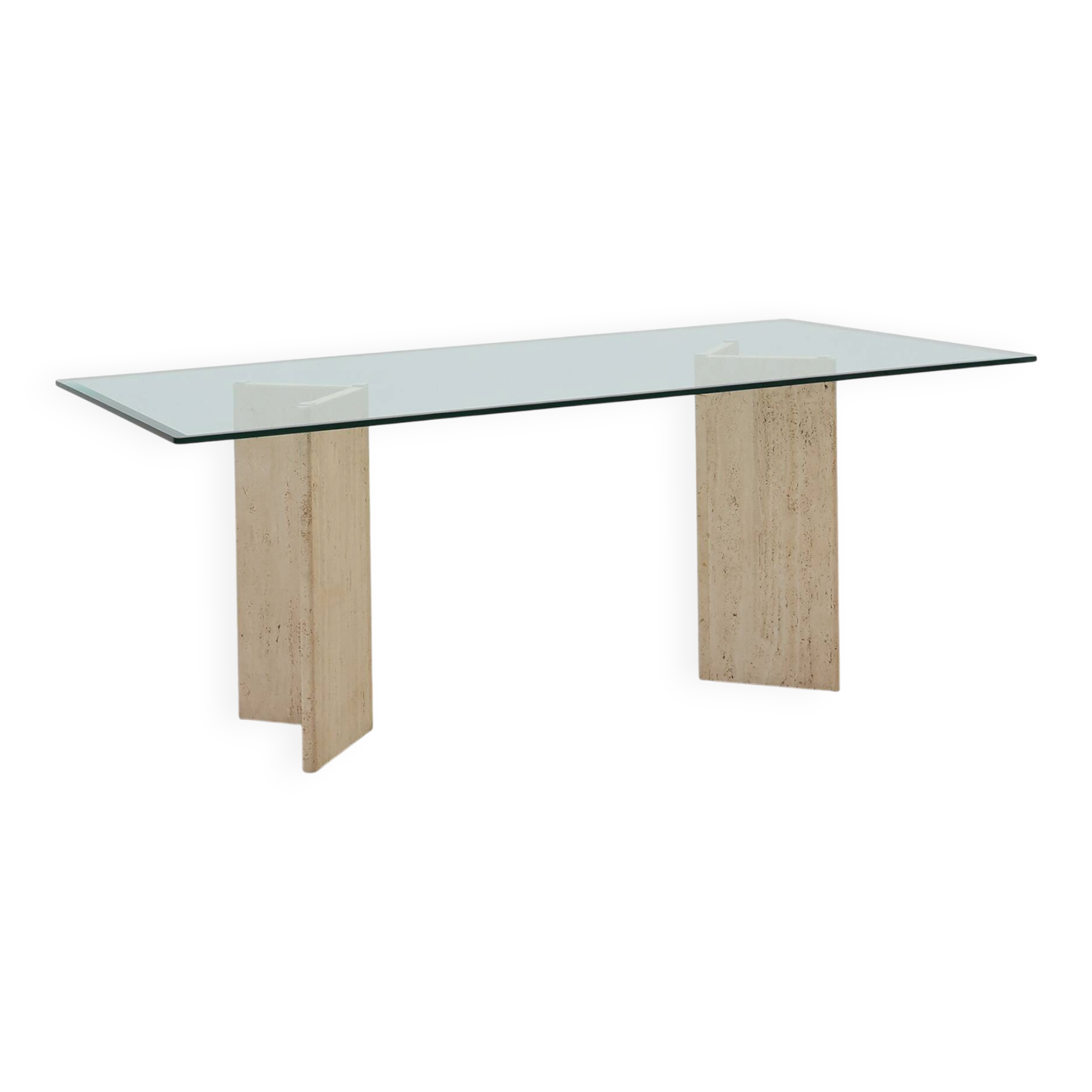 Mid‑Century Italian Dining Table with Glass Top and Travertine Base, 1970s