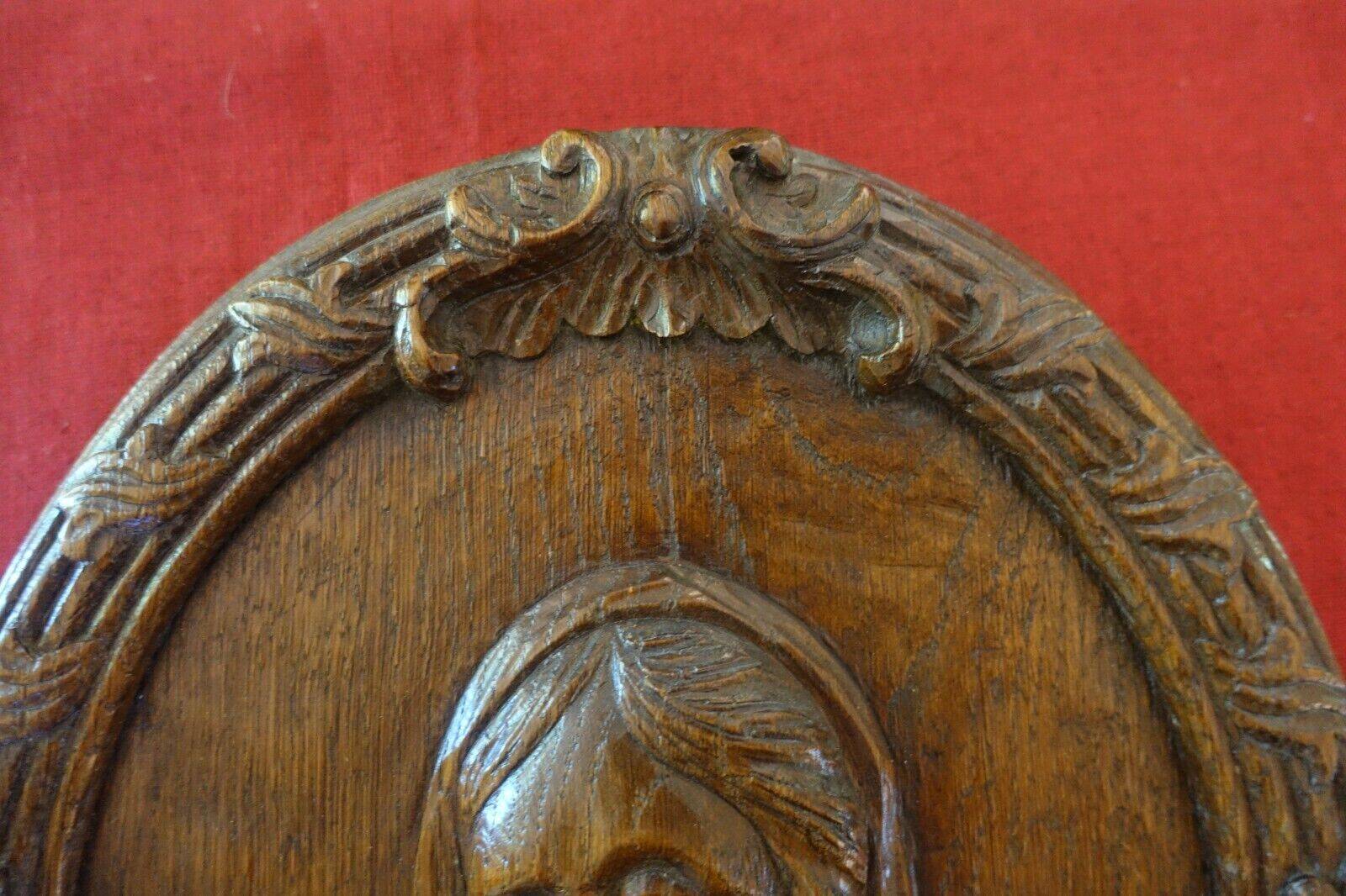 large medallion XVIII/XIX bas relief wood sculpture woman/mary