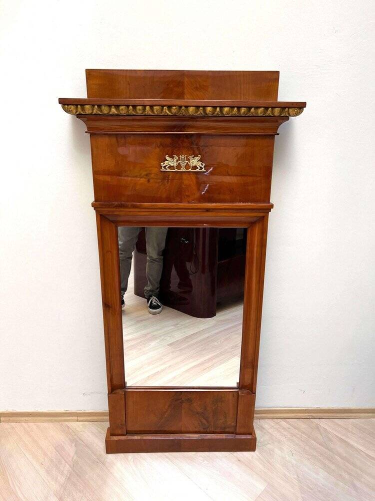 Biedermeier Cherry Wall Mirror with Brass Decor, South Germany, 1820s