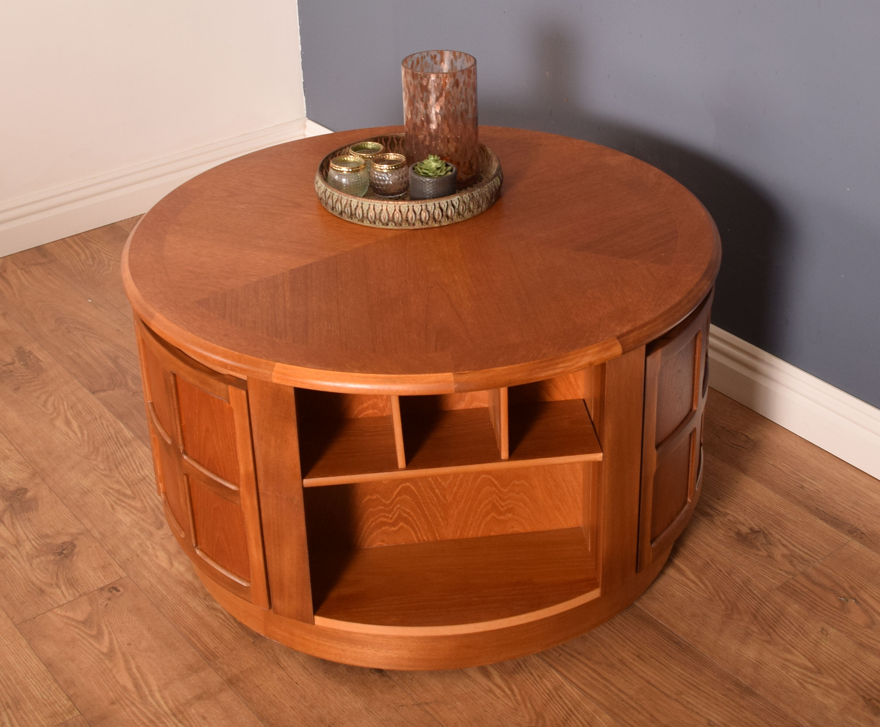 Restored teak retro round nathan squares drum coffee table collectors item