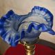 etched brass lamp with a blue satin glass tulip shade, signed Vianne 36x16