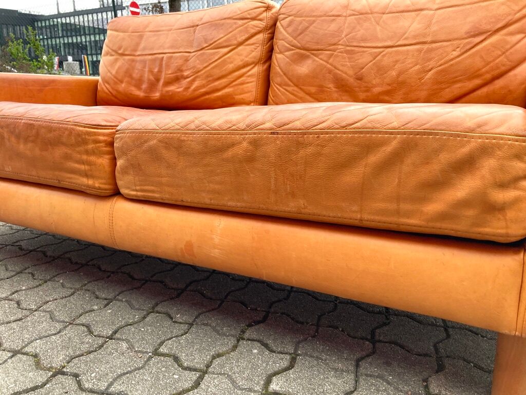 Danish Modern Mid Century Vintage Cognac Leather Sofa