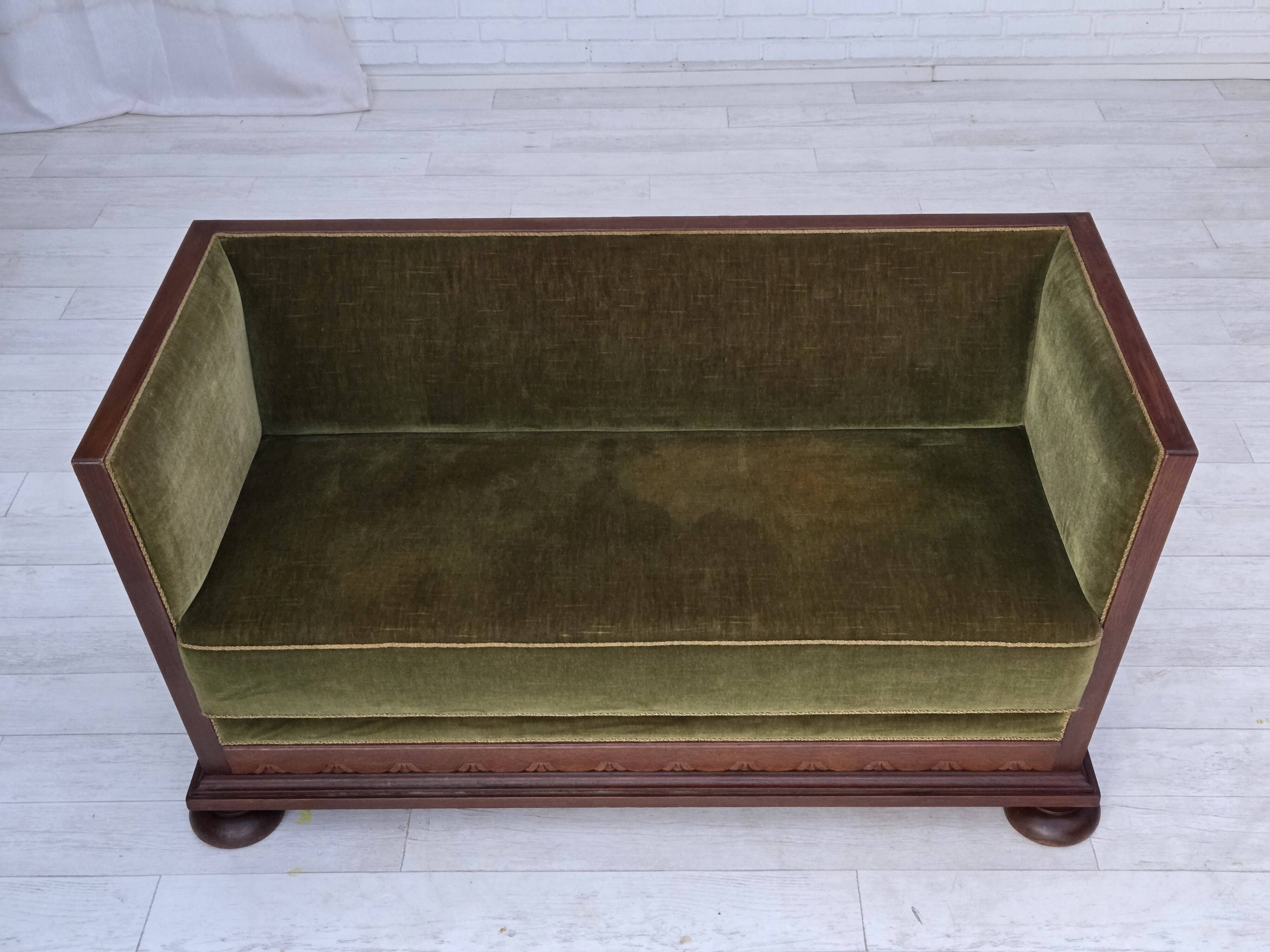 1950s, Danish 2-seater sofa, original green furniture velour, oak wood.