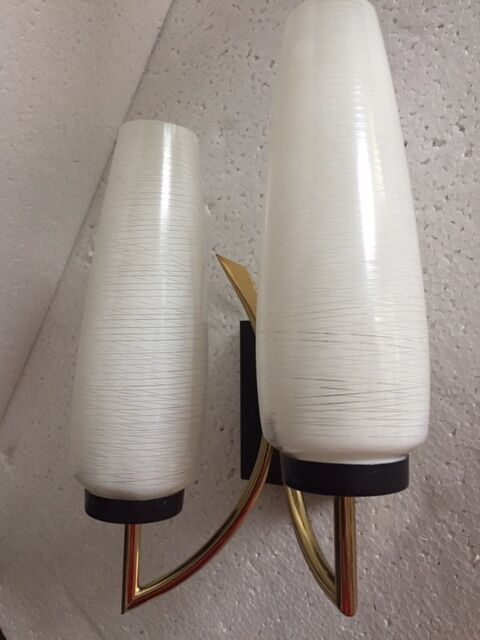 Torch wall sconce in brass and opalin glass, 1950s