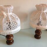 Pair of turned wooden bedside lamps and lace/vintage lampshade 60s-70s