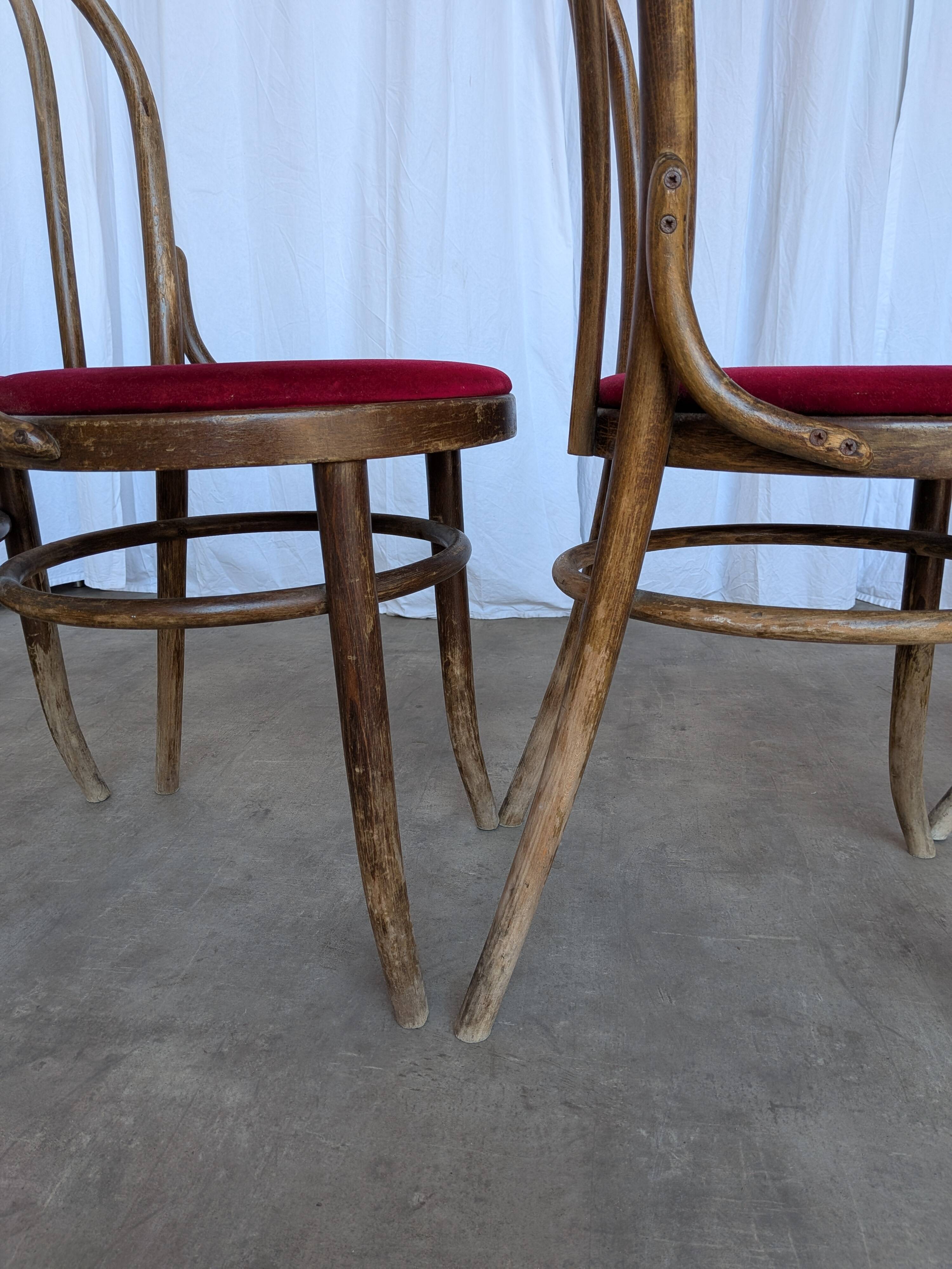 Set of 4 Vintage Bentwood Bistro Chairs, Red Upholstery