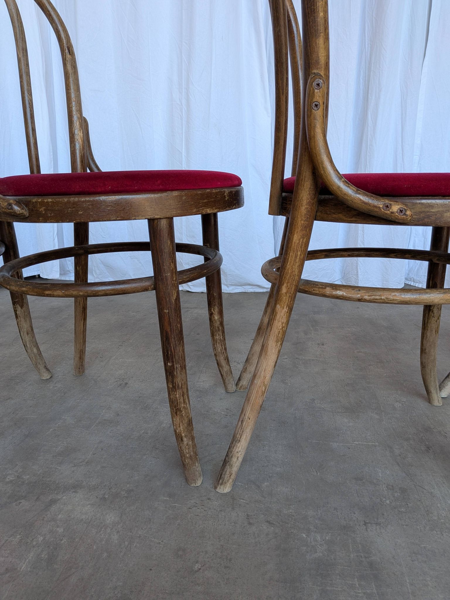Set of 4 Vintage Bentwood Bistro Chairs, Red Upholstery