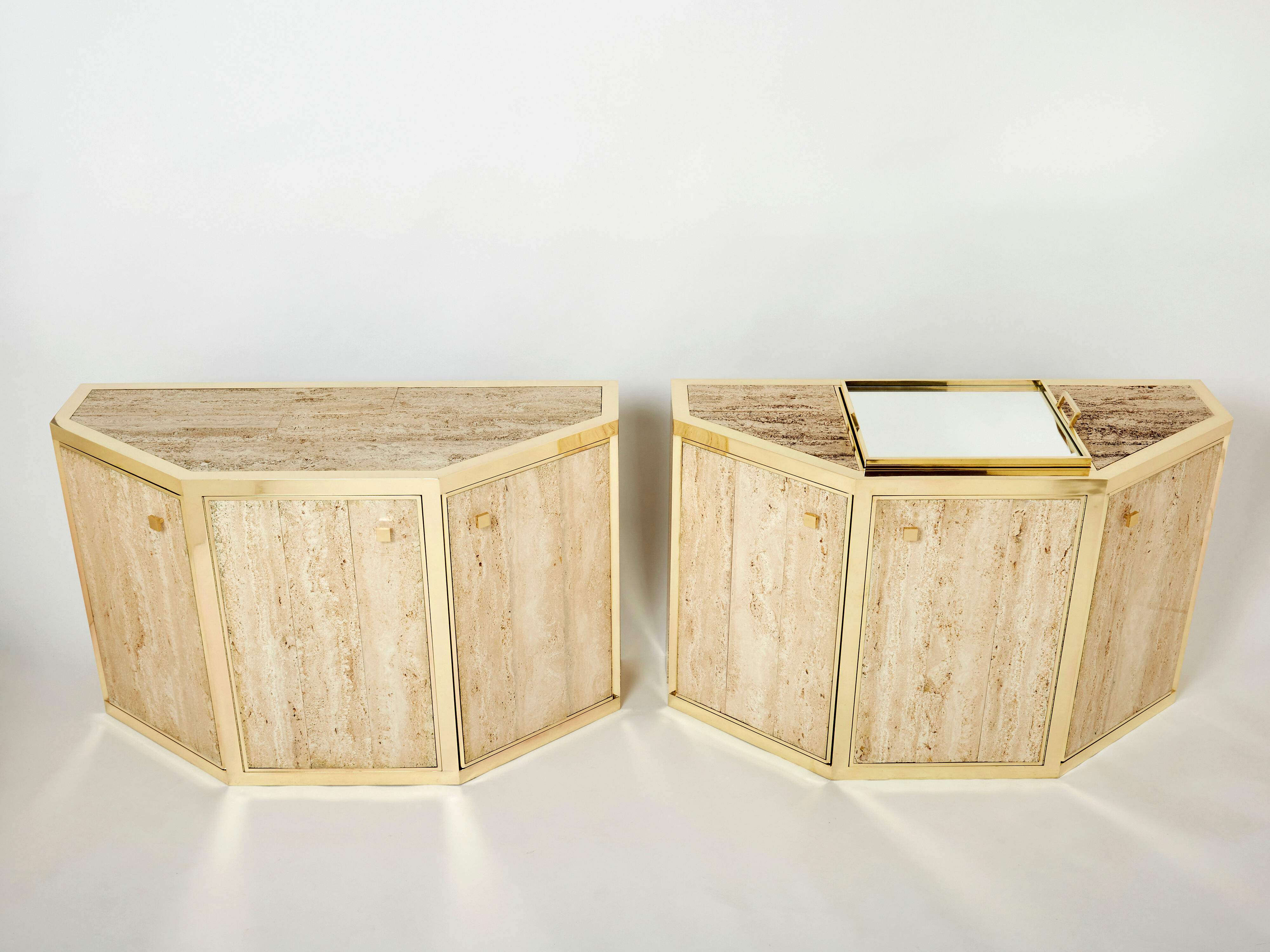 Pair of travertine brass cabinets by Alfredo Freda 1975