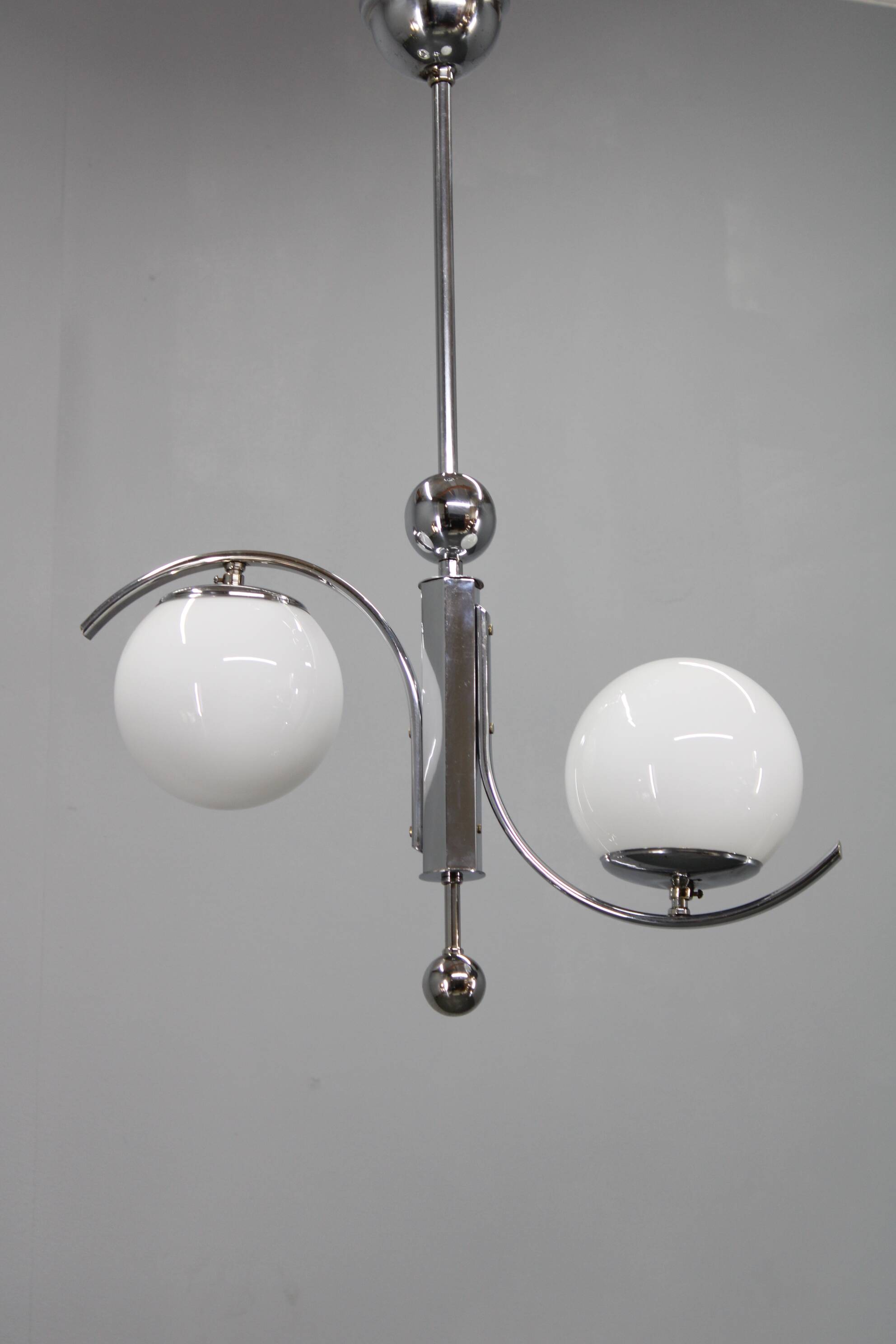 Czechoslovak Art Deco chrome chandelier with opaline glass, 1930s