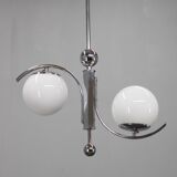 Czechoslovak Art Deco chrome chandelier with opaline glass, 1930s