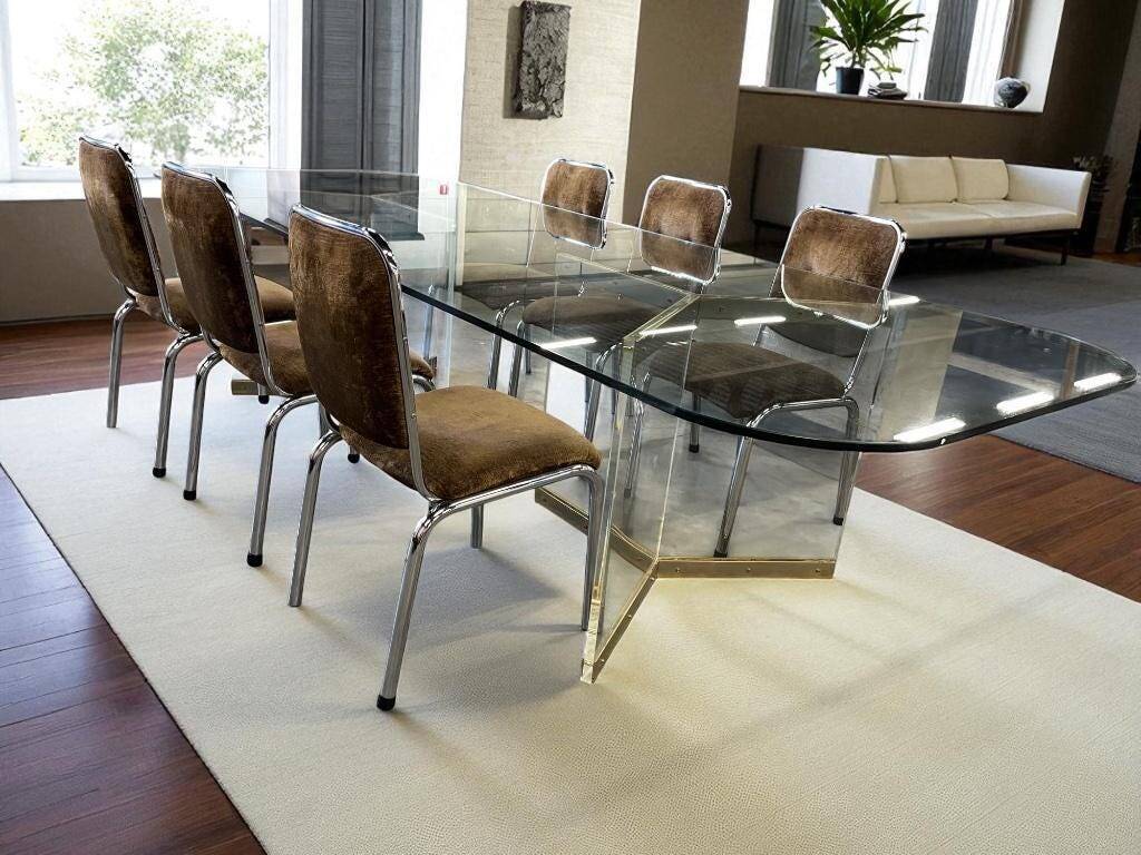 Set of 6 vintage chrome chairs with brown seats