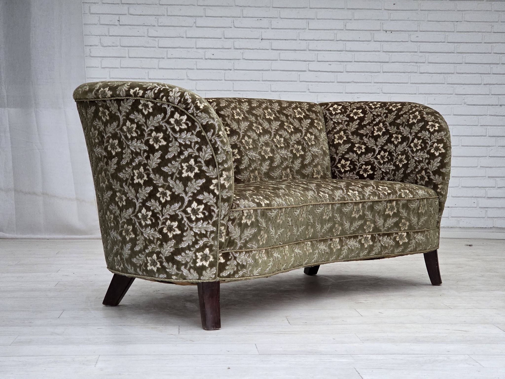 1960s, Danish curved 2-seater sofa, green furniture velour, beech wood.