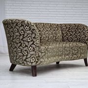 1960s, Danish curved 2-seater sofa, green furniture velour, beech wood.