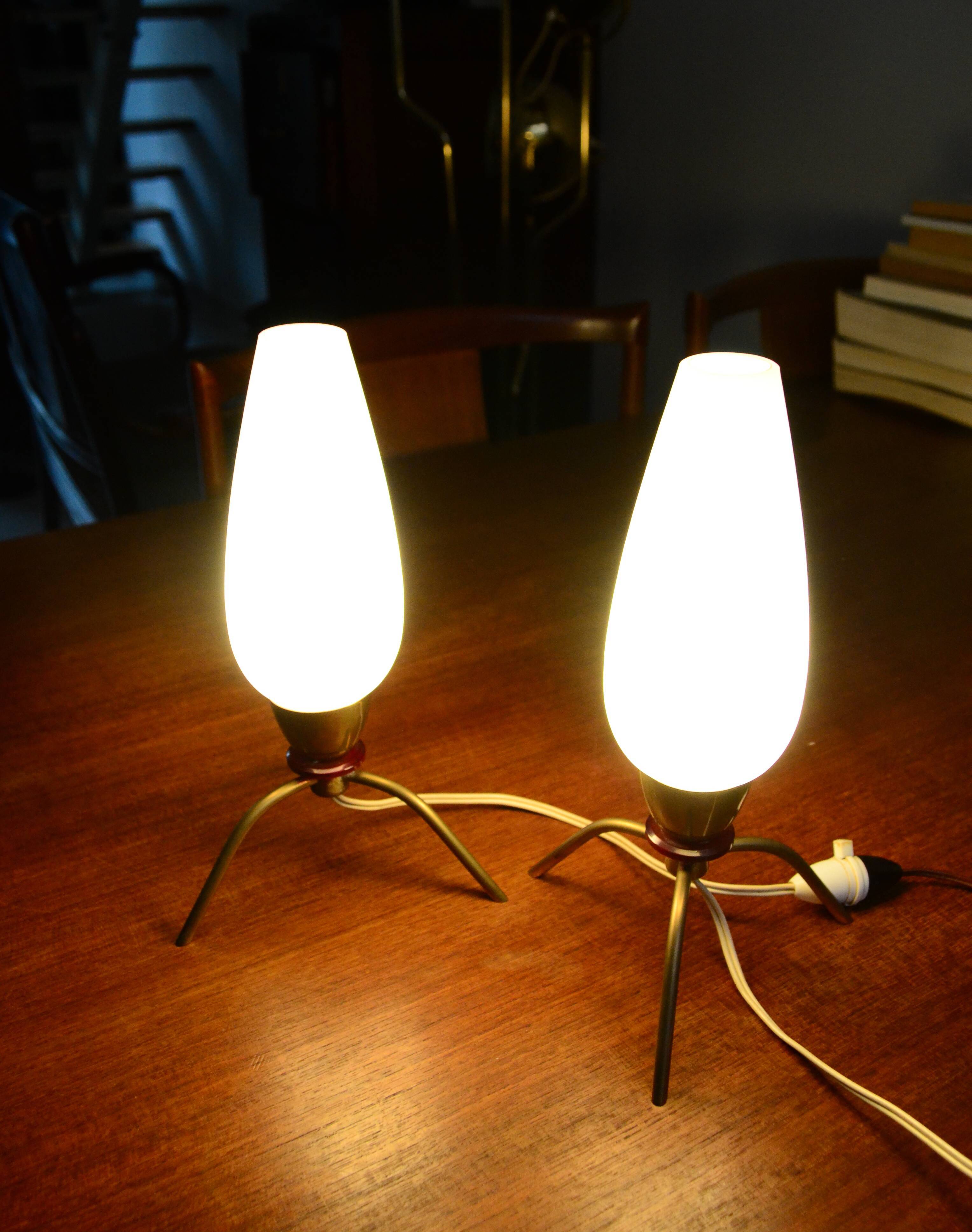 Pair of opaline tripod bedside lamps