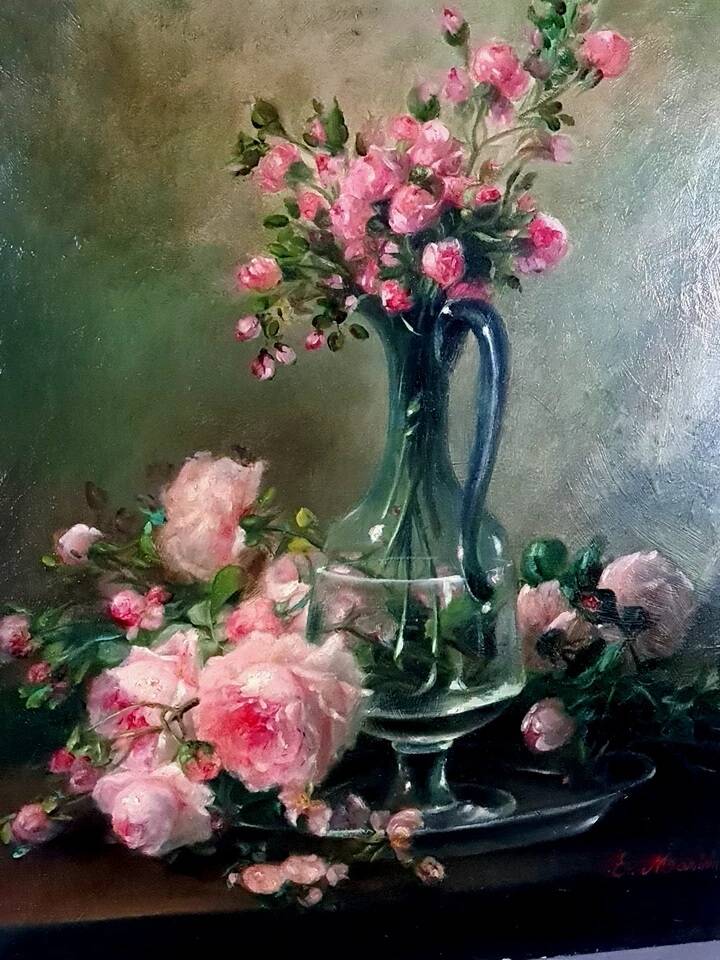 Old HST Still Life with Roses circa 1900 signed Martih 65x54 cm D151