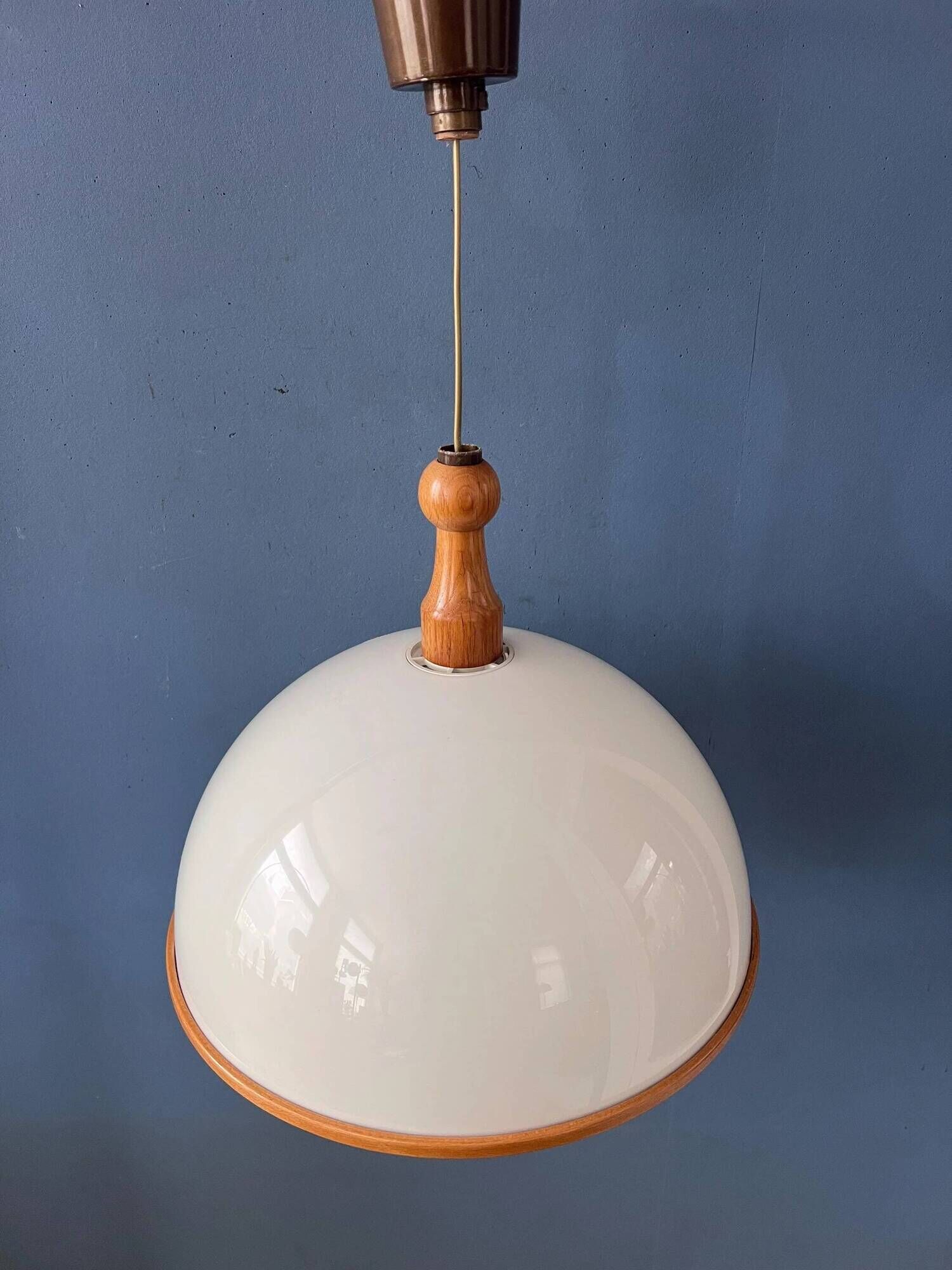 Vintage white wooden Steinhauer suspension, pendant lamp in plexiglass.