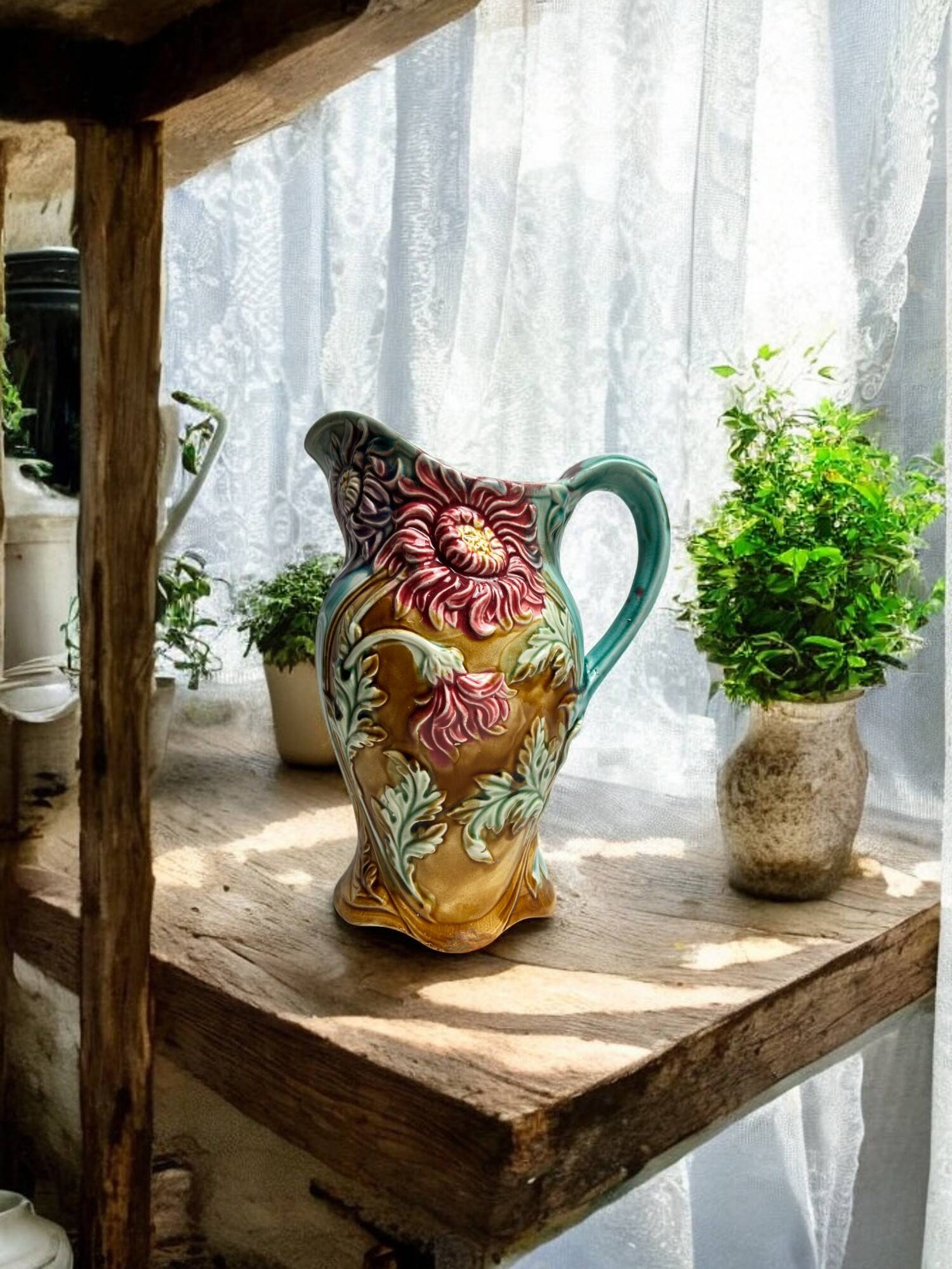 Barbotine pitcher jug from Onnaing Earthenware Factory circa 1900