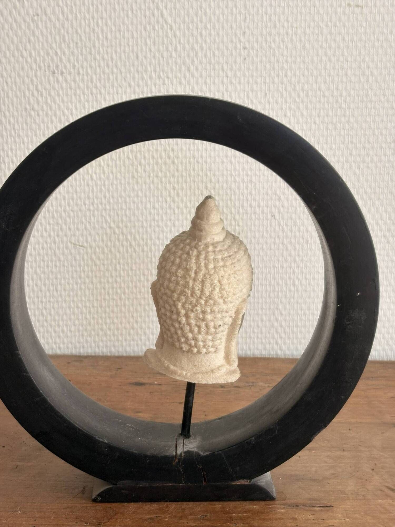 Sculpture Buddha Head in Reconstituted Stone on Khmer Thai Ring Base