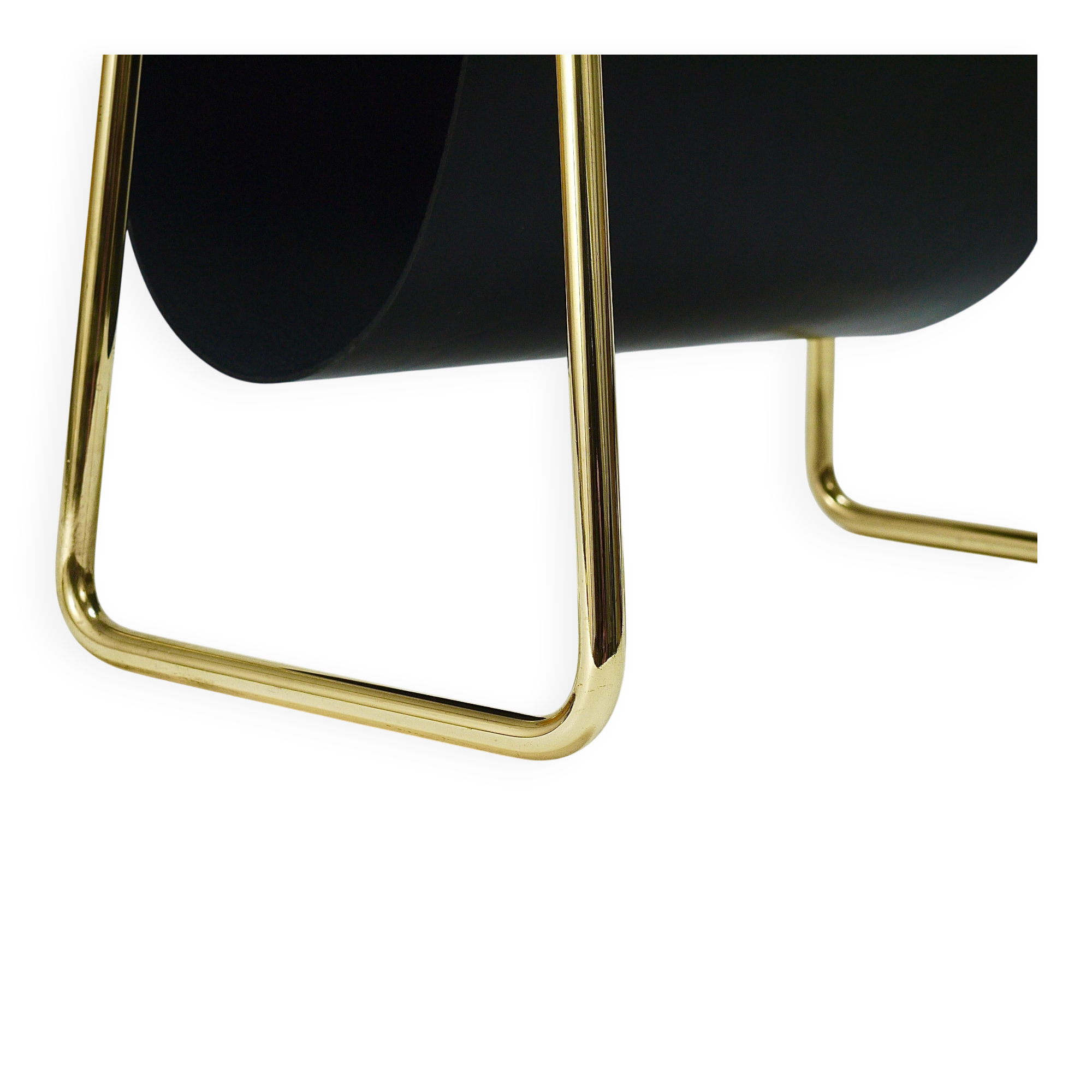 Carl Auböck II Midcentury magazine rack, brass and black leather, vintage, Austria