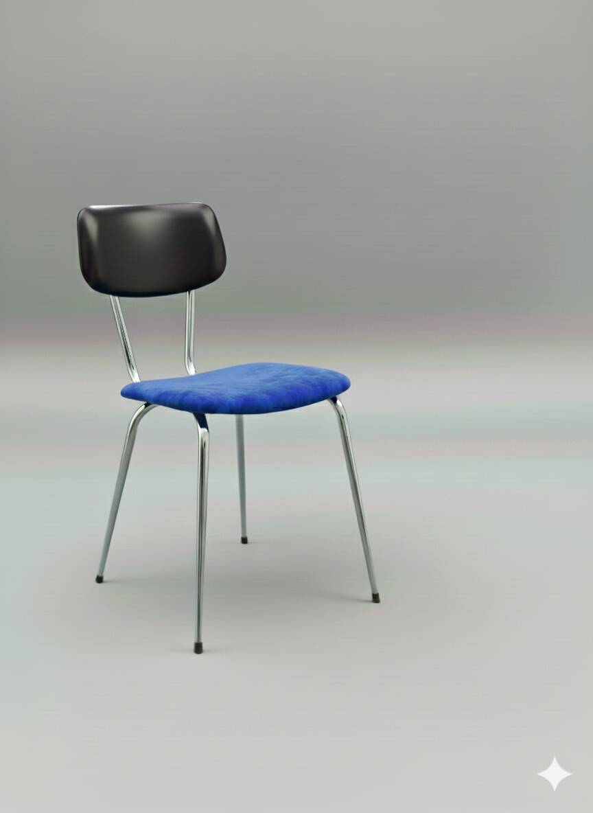 Chrome chair from the 70s – seat in electric blue velvet.