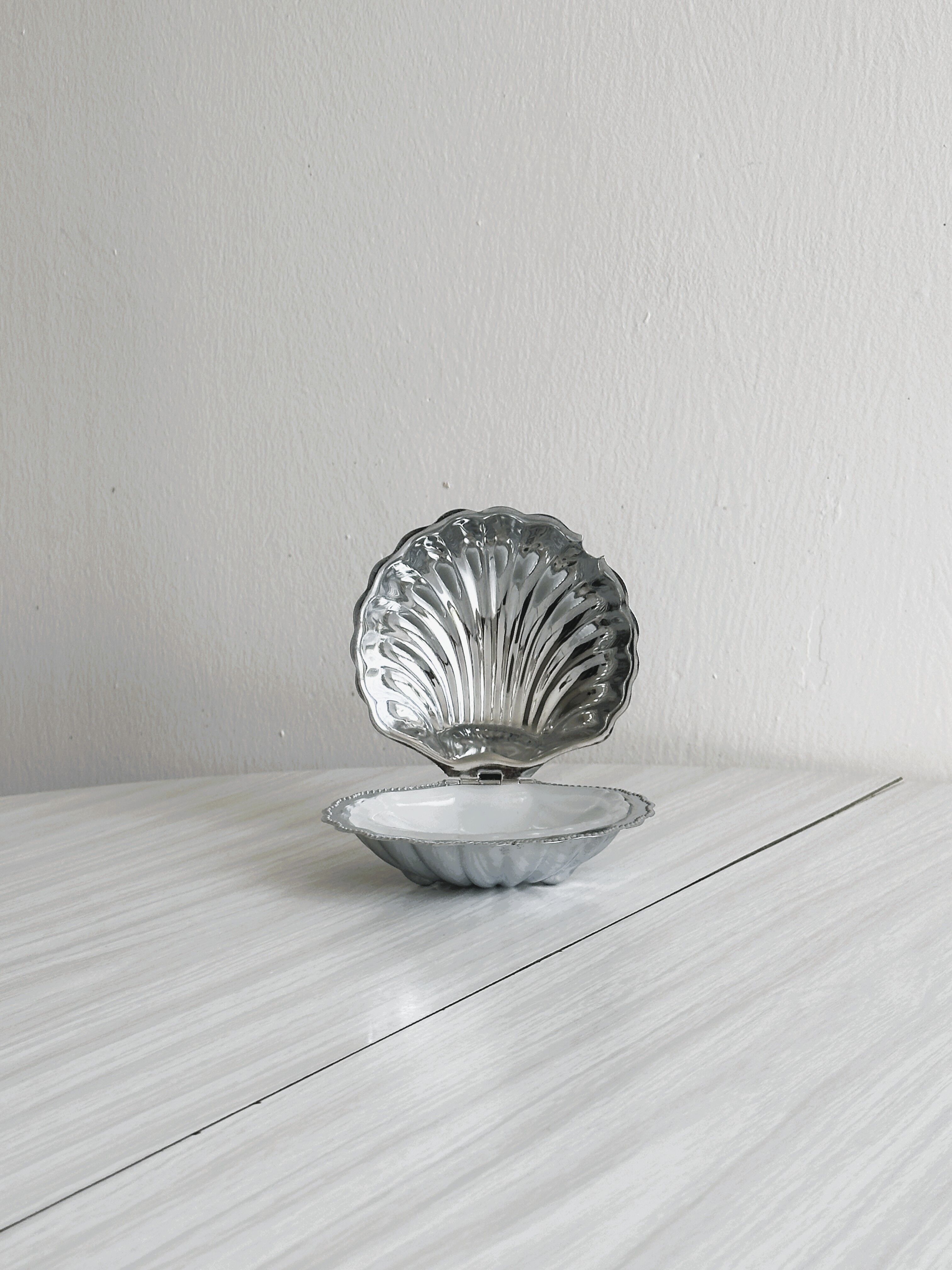 Antique shell butter dish in white glass and metal