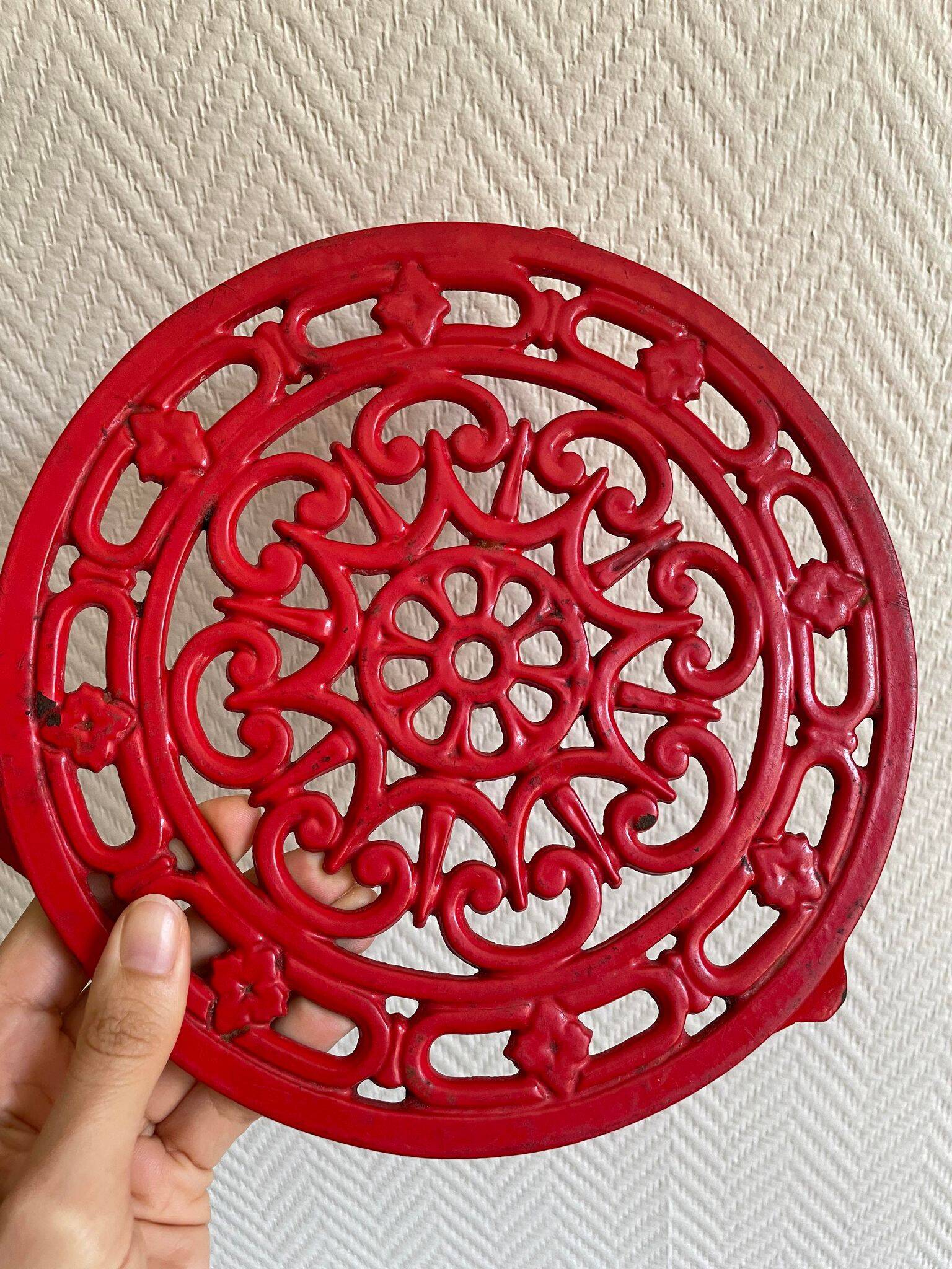 Vintage red Decotec enameled cast iron trivet