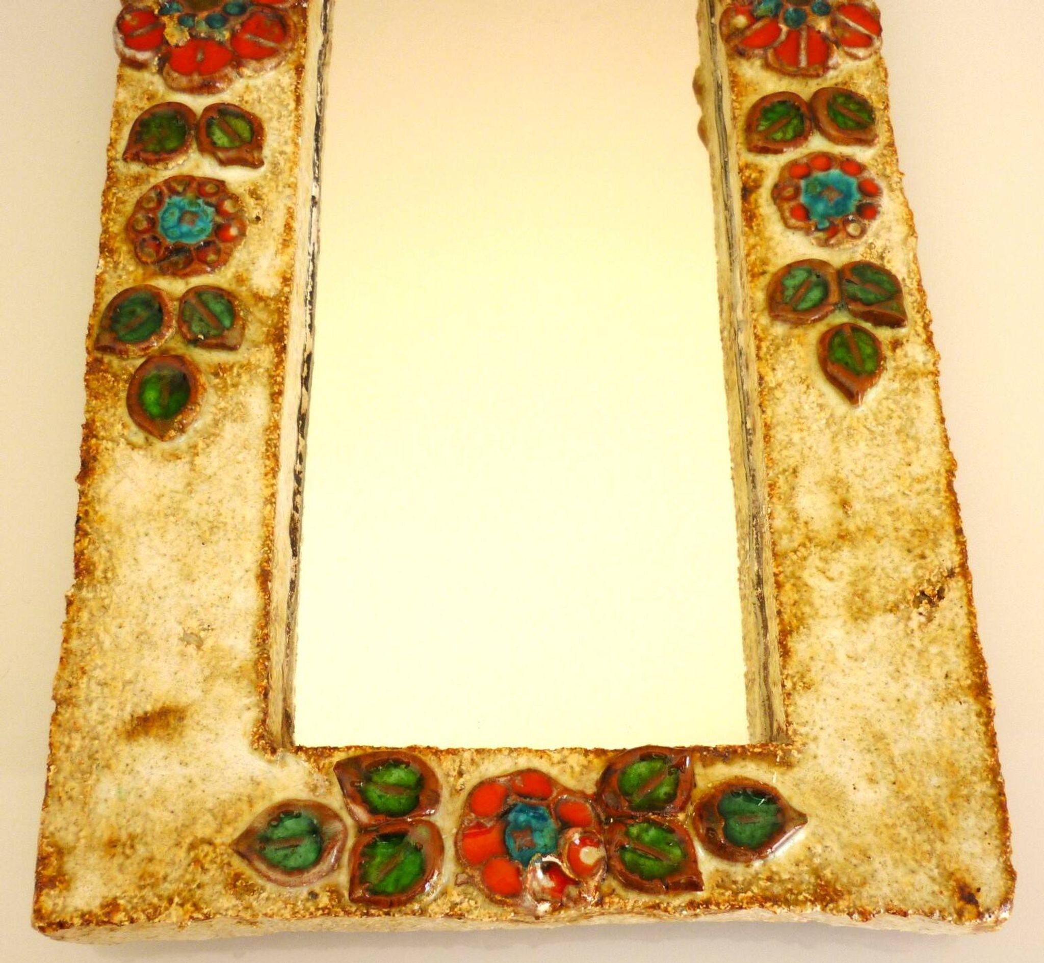 Wall mirror, glazed ceramic, signed La Roue Vallauris, vintage, 31.5 cm