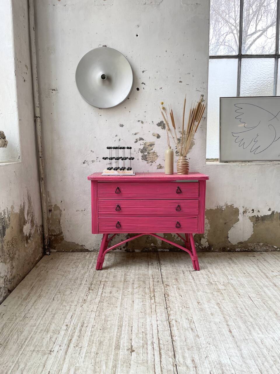 Vintage pink rattan chest of drawers