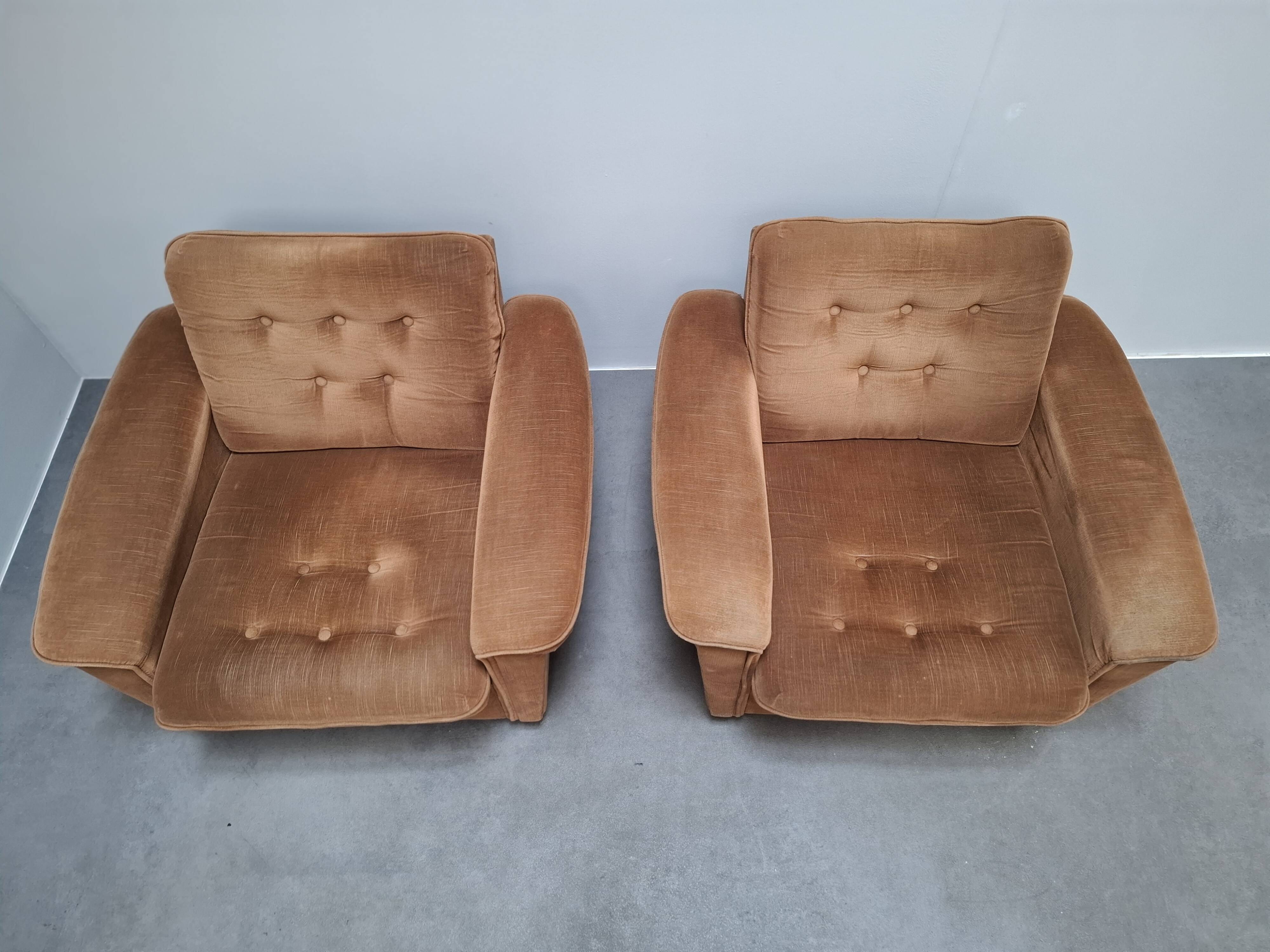Pair of Mid-Century Modern Czech Lounge Armchairs with Rolling Casters