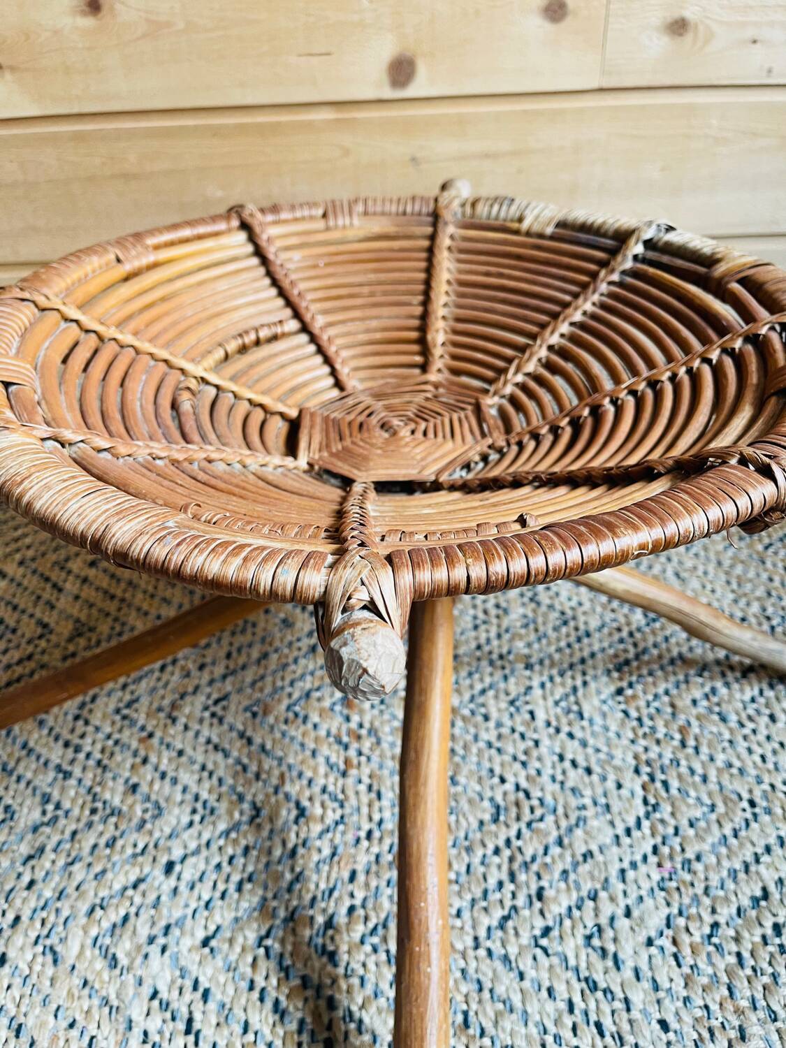 Rattan and wood stool