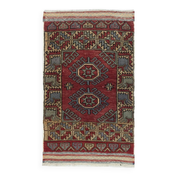 Vintage Scatter Rug, Dark Red Turkish Accent Rug, Door Mat, Handmade Bat Mat, Kitchen Rug