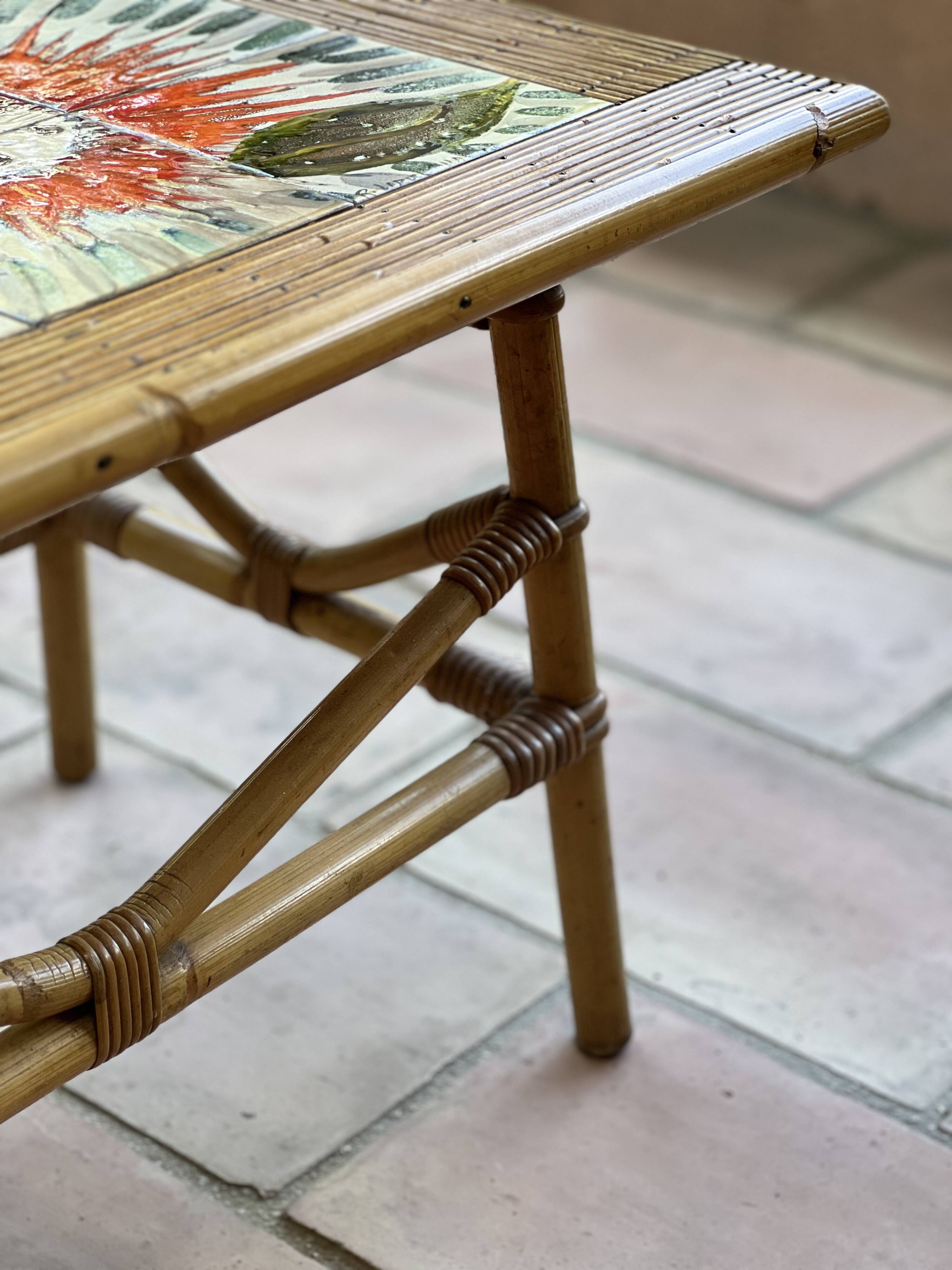 Rattan and ceramic coffee table leduc vallauris