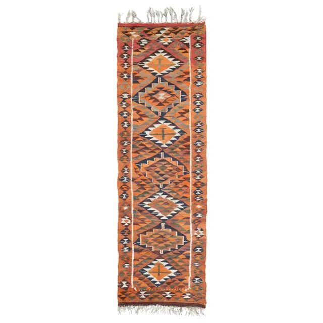 1970s Vintage Turkish Hand-Knotted Wool Cotton Orange Runner Rug 104x338
