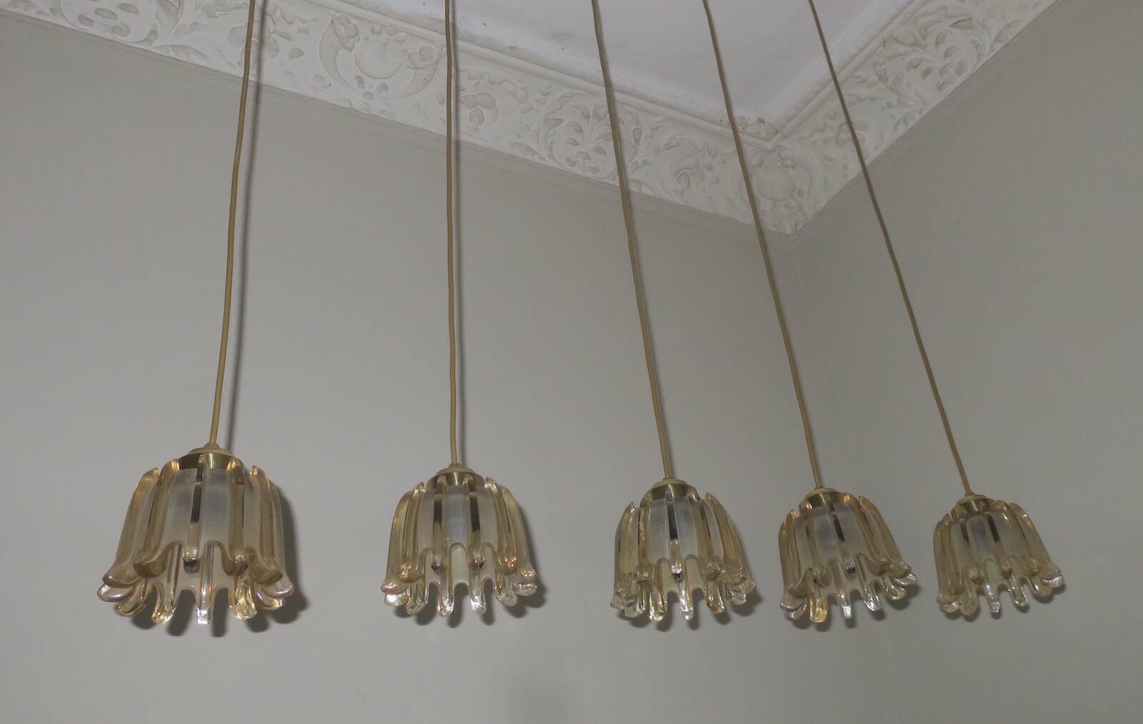 Set of 5 Doria  pendant lights in brass and amber-coloured glass, 1960s
