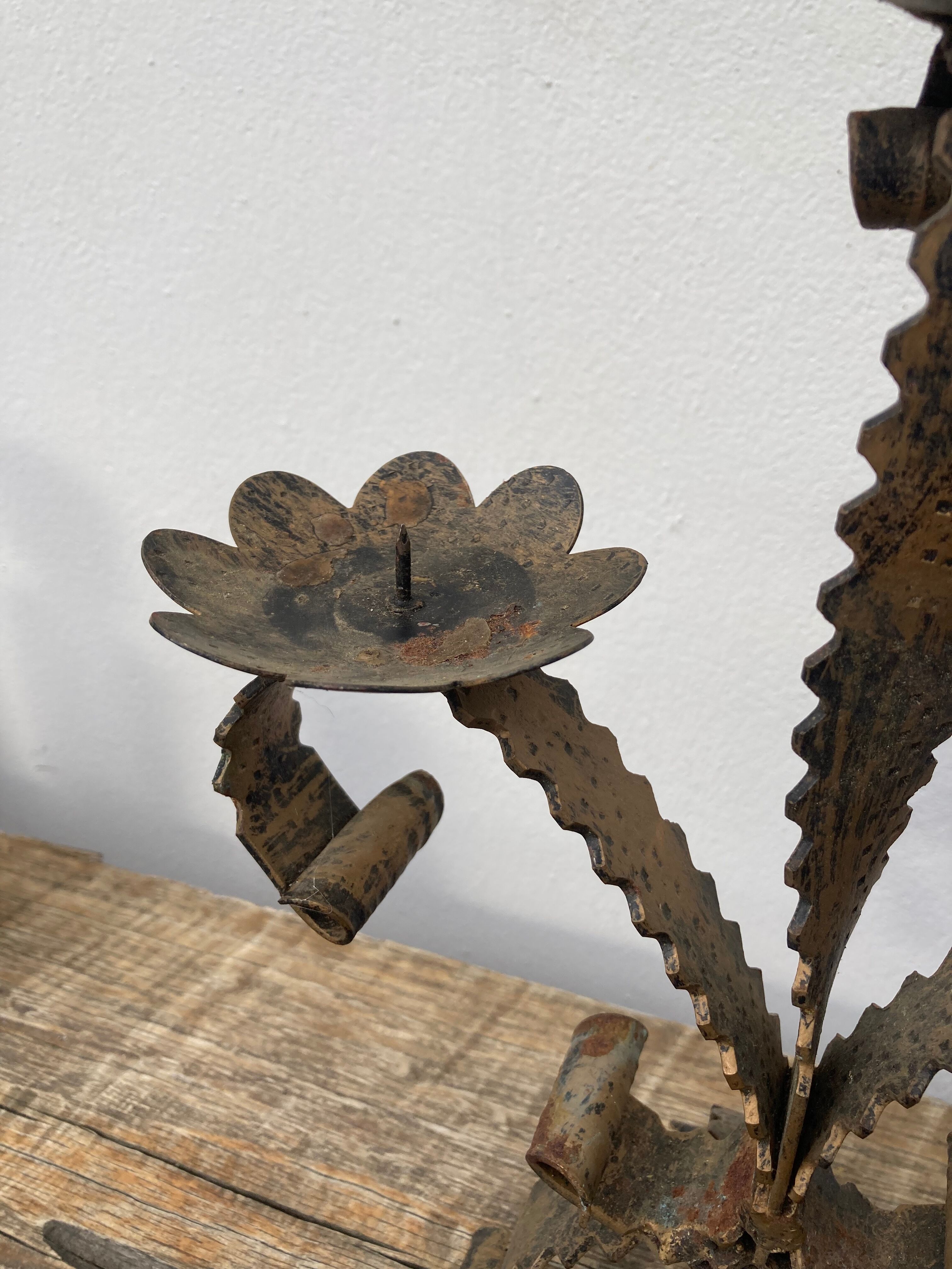 Brutalist candle holder folk art - wrought iron candlestick