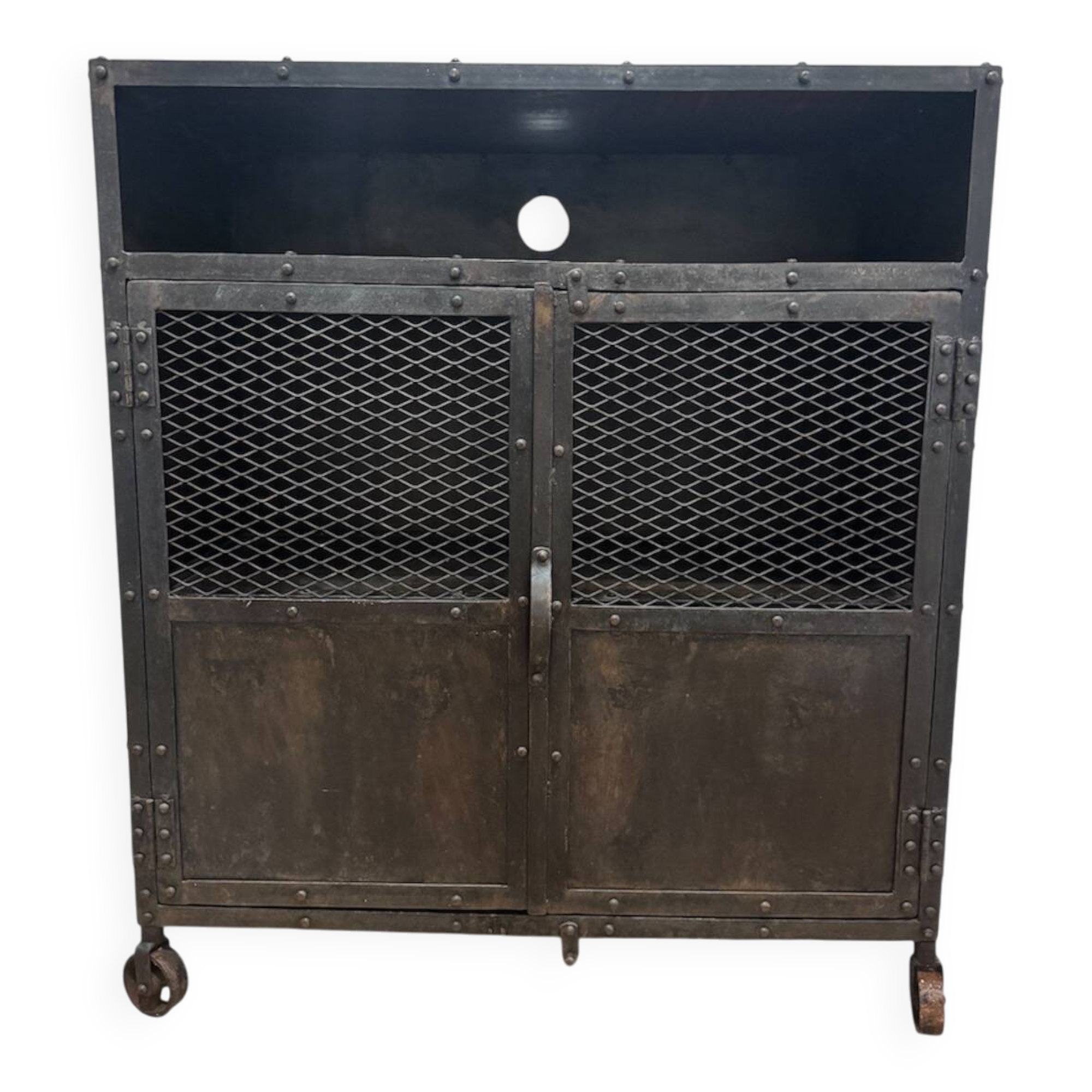Industrial Vintage Metal Bar Cabinet in Iron and Steel with Mesh Doors