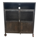 Industrial Vintage Metal Bar Cabinet in Iron and Steel with Mesh Doors